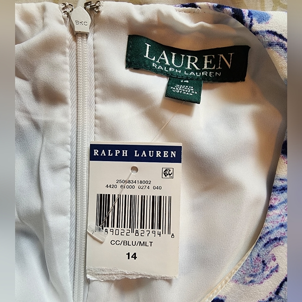 Nwt Lauren Ralph Lauren Blue White Paisley Print Sleeveless A line Dress SZ 14 - Picture 3 of 6